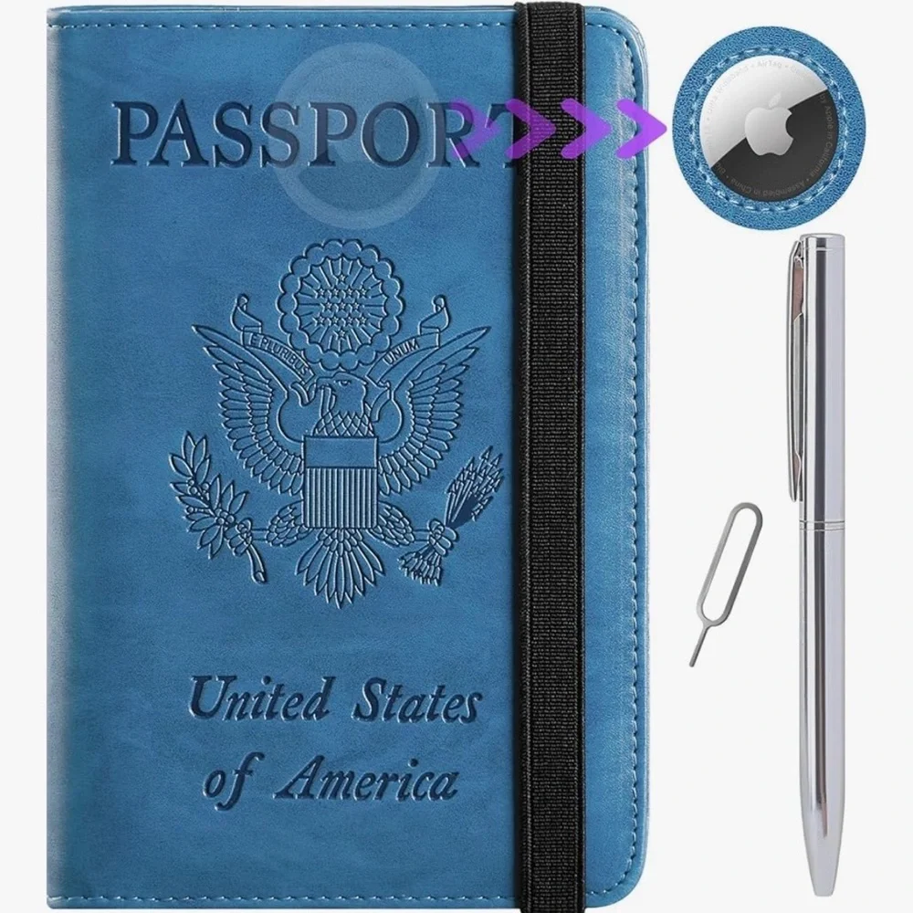 NEW! Blue USA Passport Holder and Wallet with RFID, Air Tag Slot, Pen